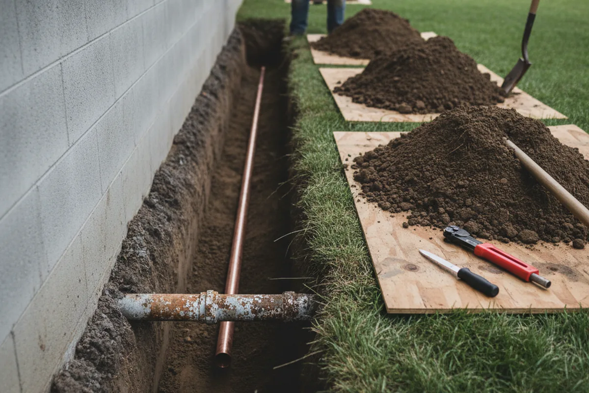 Excavated water line trench during Water Heater Repair in Whitesboro